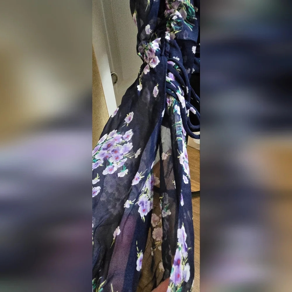 2 Left!! Navy Floral Print Ruched Detail Sleeve Wrap Top #403-405 - Picture 6 of 9